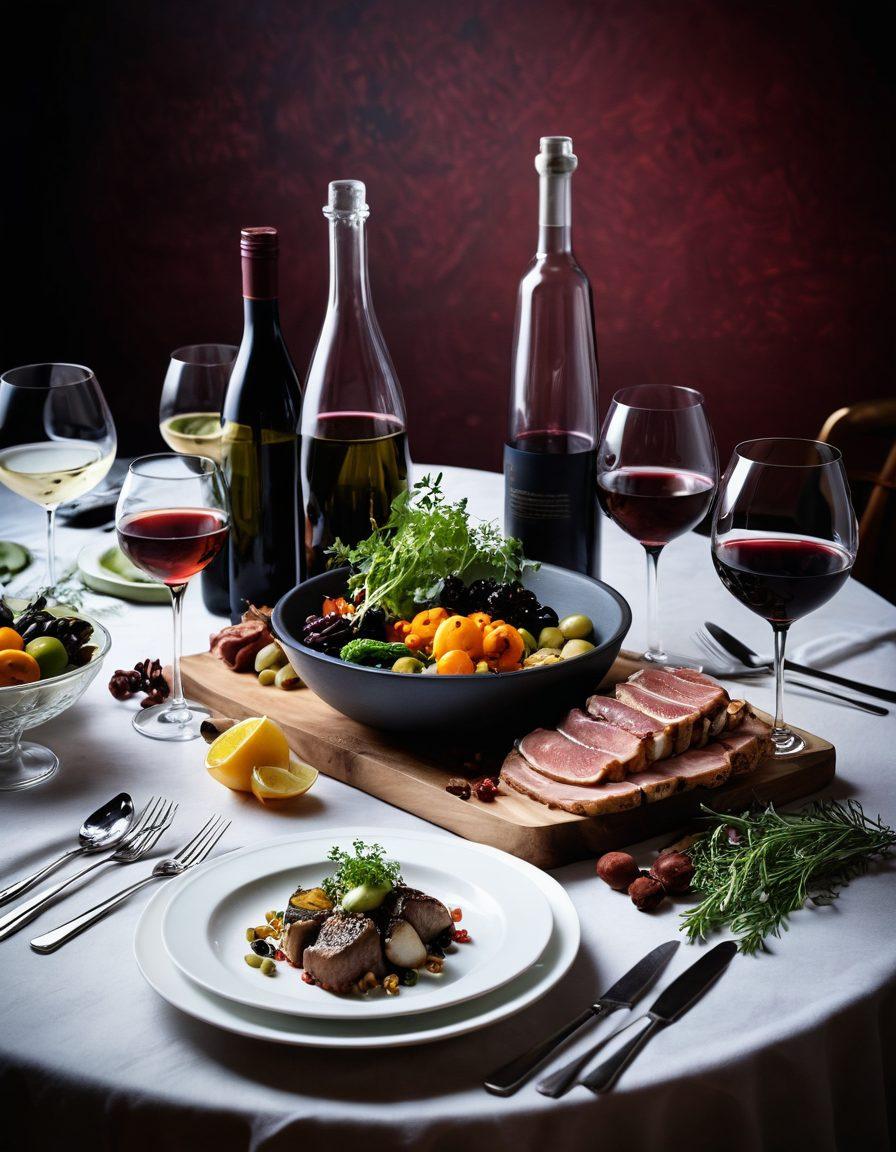 A beautifully arranged table showcasing a gourmet meal paired with exquisite wine, featuring various ingredients like herbs, spices, and succulent dishes surrounding a wine decanter. In the background, there are touch of scientific elements like molecular gastronomy tools. The ambiance is warm and inviting, with soft lighting, reflecting the fusion of culinary art and science. super-realistic. vibrant colors. elegant setting.