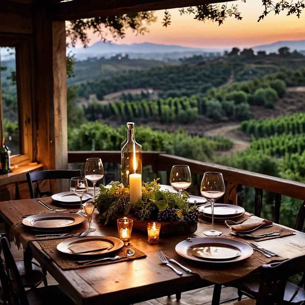 A cozy, rustic dining table set with an elegant array of gourmet dishes and vintage wine bottles, surrounded by lush vineyards in the background. Soft candlelight flickers, casting warm hues on a variety of colorful plates and decadent desserts. An antique wine decanter and elegant glasses create an inviting atmosphere, immersing the viewer in a culinary journey. Distinctive details like aged barrels and fresh herbs enhance the scene. atmospheric lighting. super-realistic. warm tones.