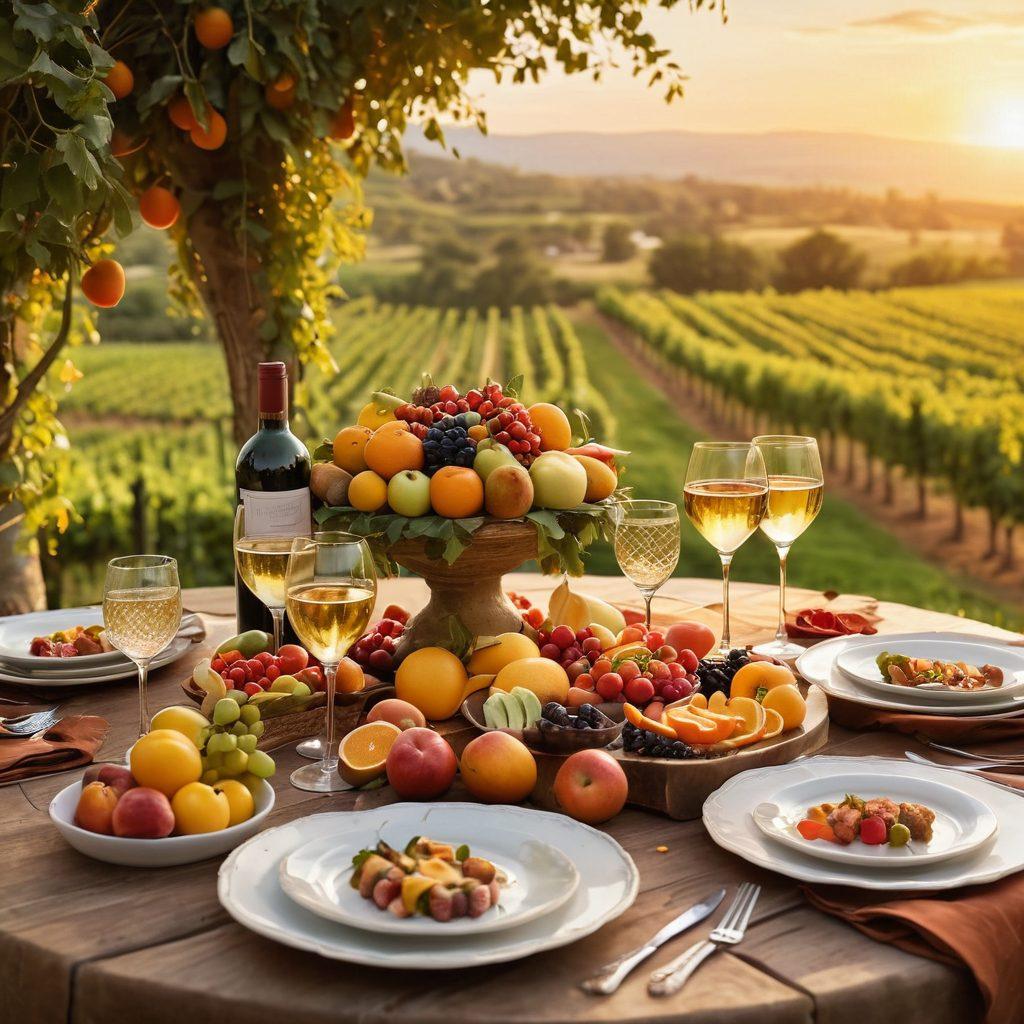 A beautifully set rustic outdoor bistro table adorned with gourmet dishes, vibrant fruits, and exquisite wine glasses. In the background, lush vineyards stretch under a golden sunset, creating a perfect blend of culinary and wine elements. A hint of lively conversation among guests brings warmth to the scene. The overall ambiance should be inviting and rich in color, inviting viewers to experience the fusion of flavors. super-realistic. warm sunset colors. vibrant. high detail.